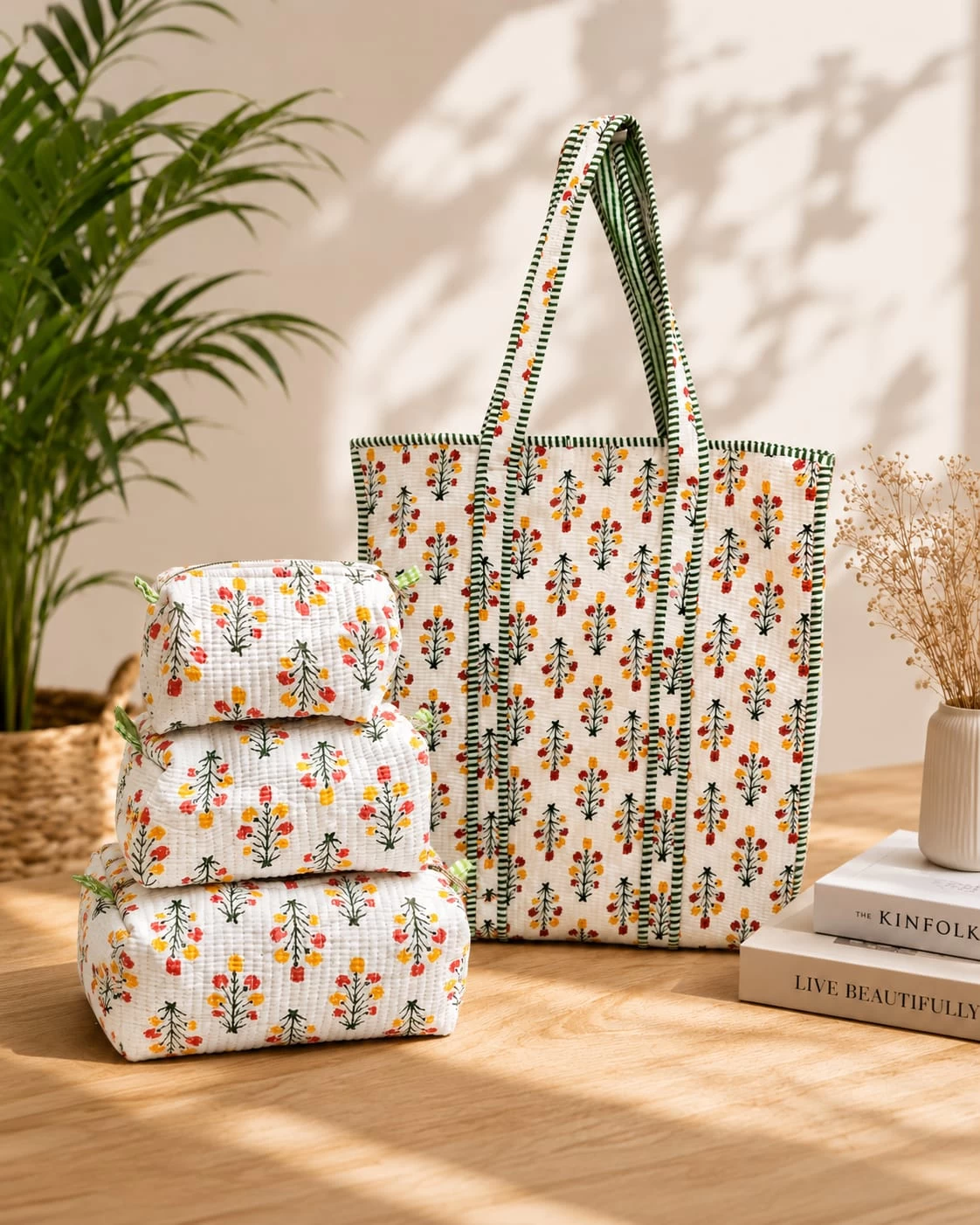 Meadow Bloom Quilted Cotton Tote & Organizer Set