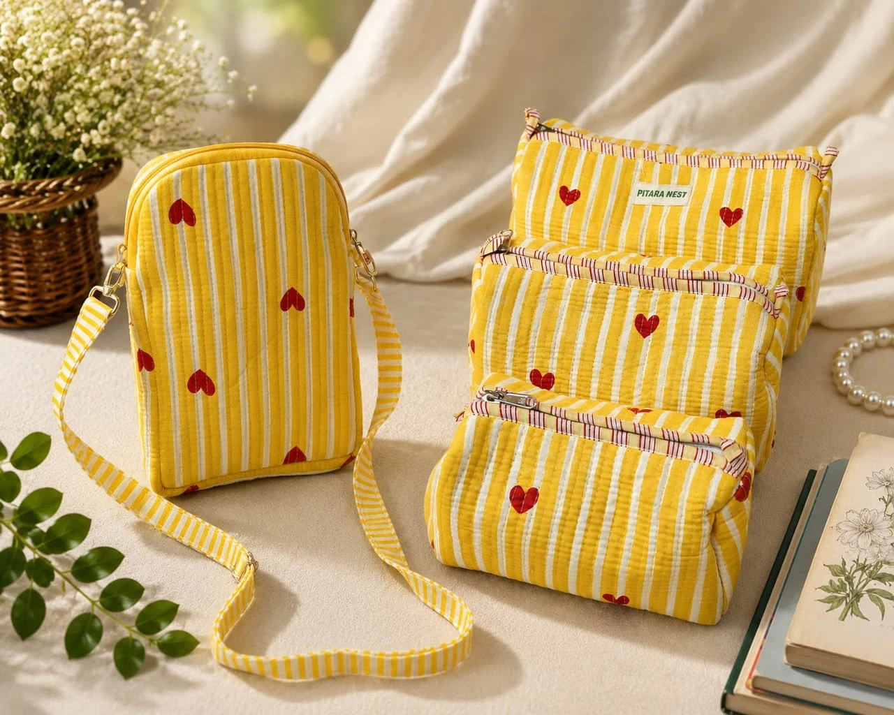 Sunshine Hearts Quilted Sling Bag & Organizer Set