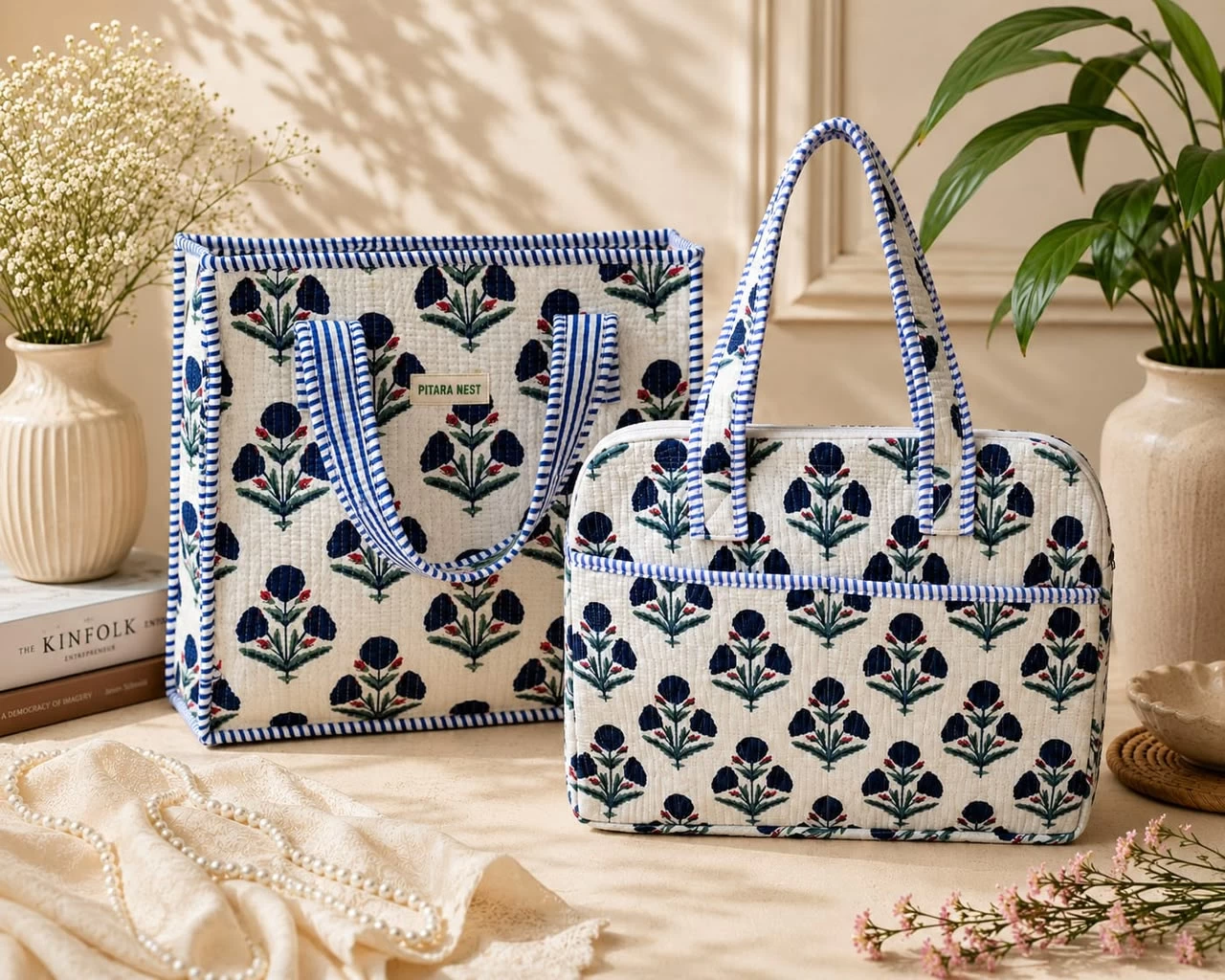Indigo Bloom Quilted Tote & Laptop Bag Set