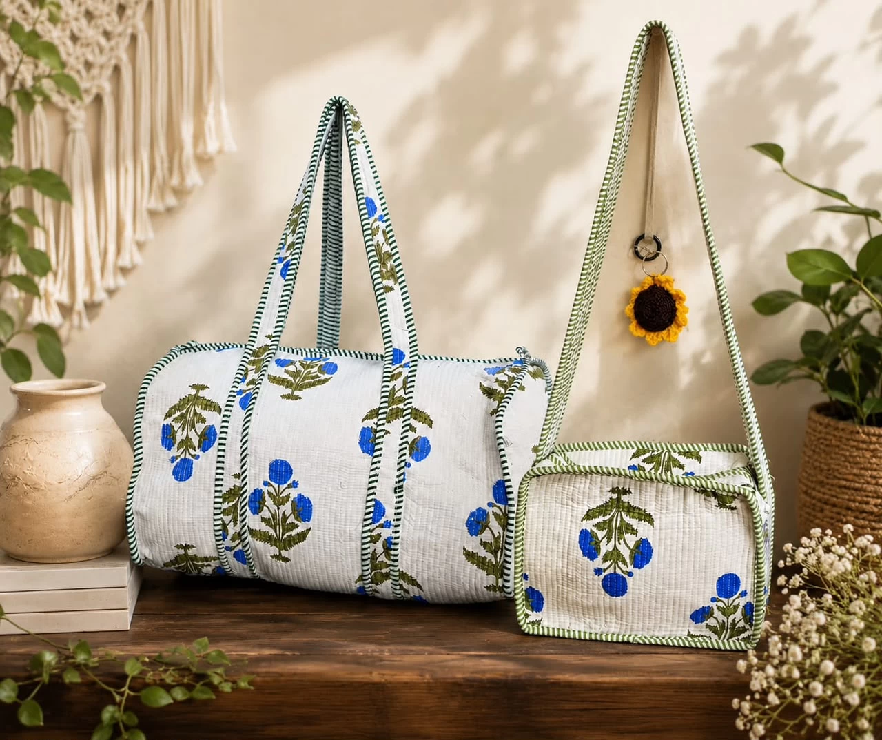 Azure Bloom Quilted Travel Duffle & Sling Bag Set