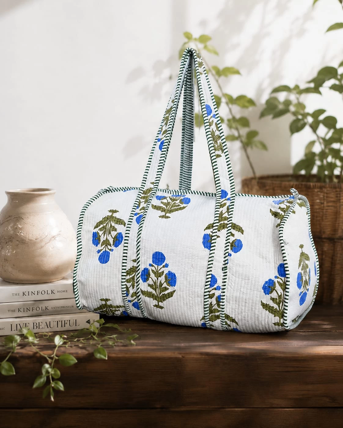 Quilted Floral Duffle Bag – White & Blue Handblock Print