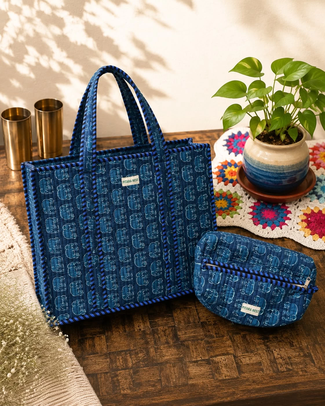 Quilted Tote Bag & Travel Pouch Set – Indigo Elephant Print