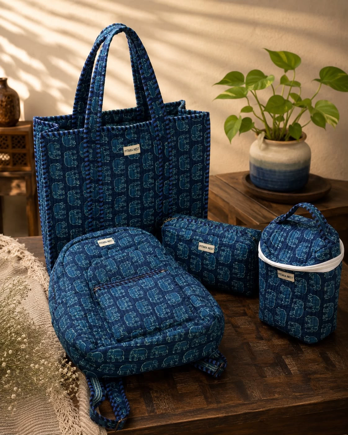 Quilted Travel & Everyday Essentials Gift Set – Indigo Elephant Print