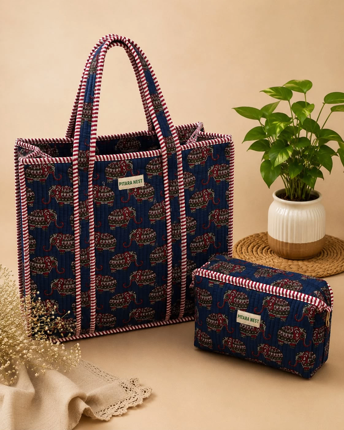 Tote Bag & Utility Pouch Set – Royal Blue Elephant Print