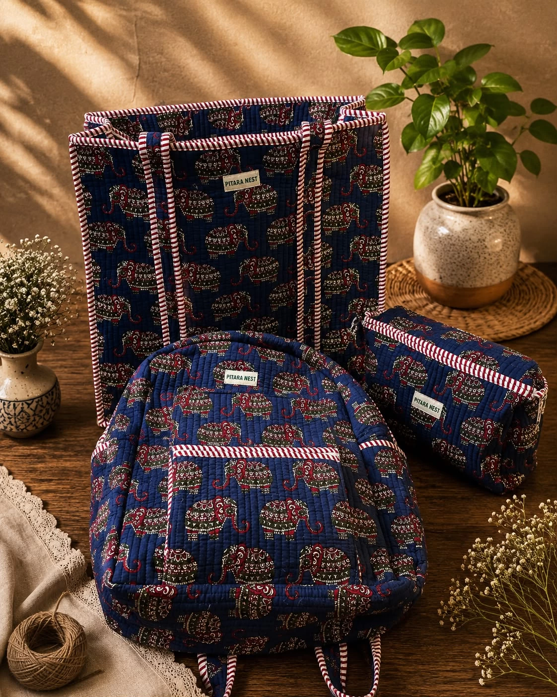 Quilted Travel Essentials Set – Royal Blue Elephant Print
