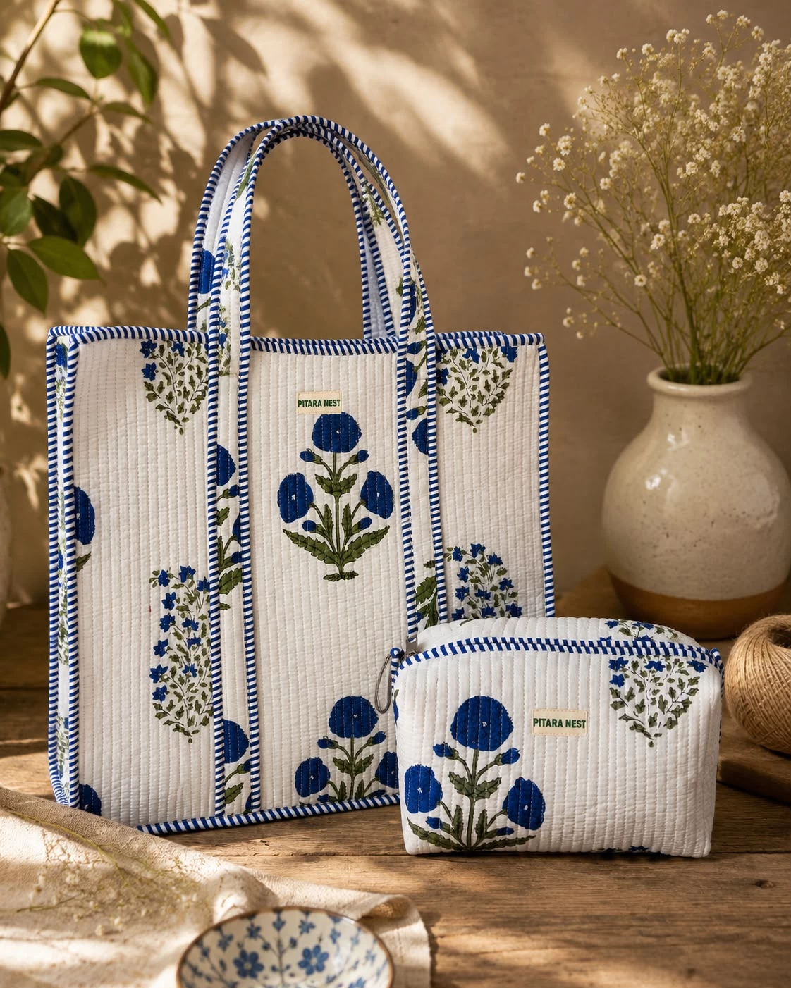 Tote Bag & Utility Pouch Set – White & Blue Floral Print