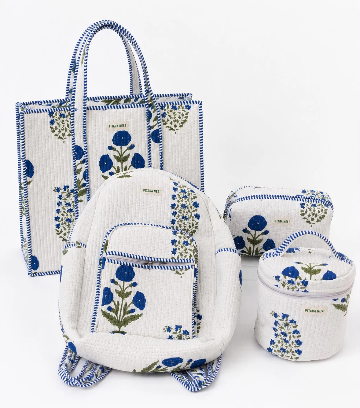 Quilted Travel & Everyday Essentials Gift Set – White & Blue Floral Print