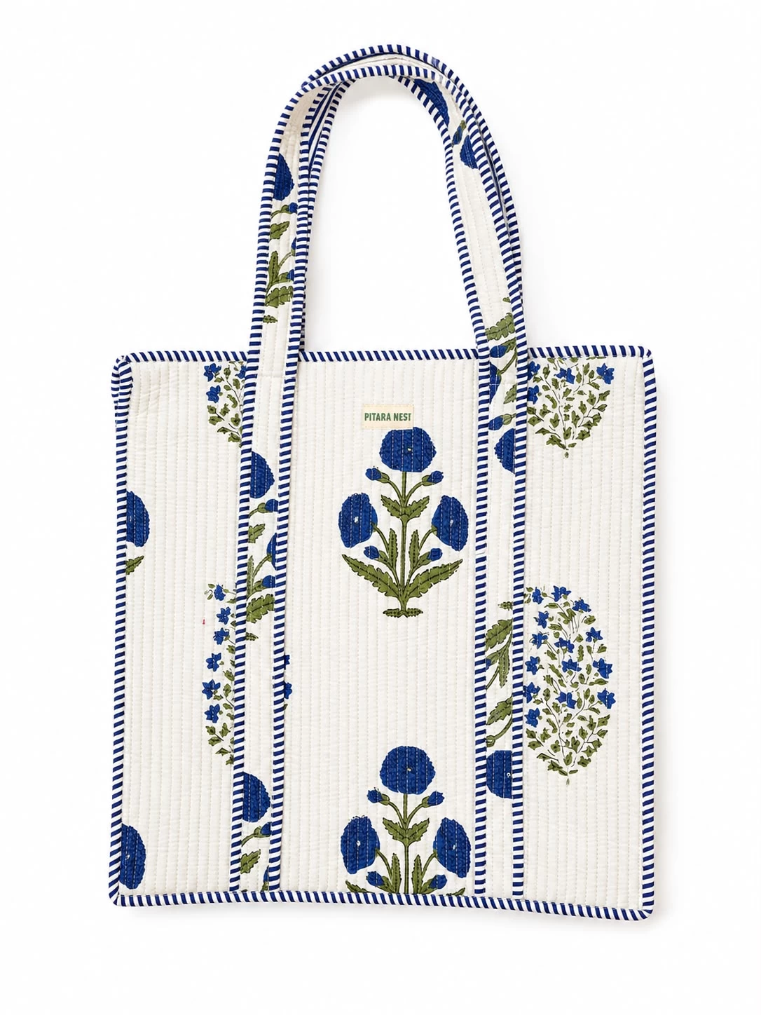 Floral Tote Bag – White & Blue Cotton