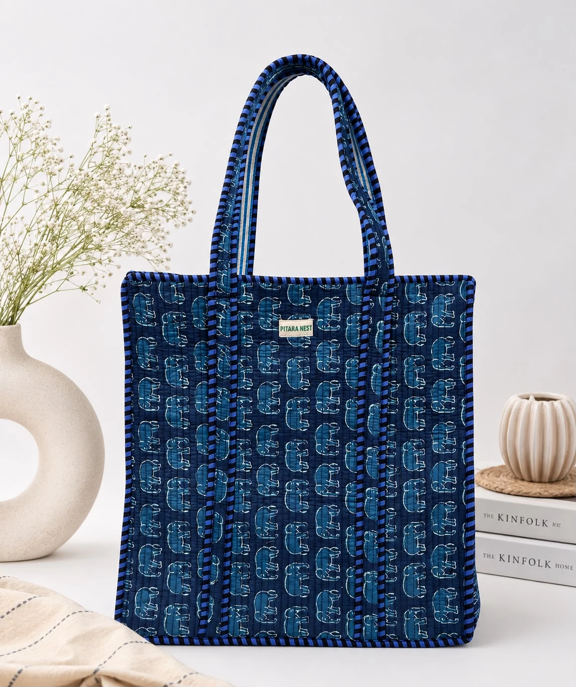 Quilted Tote Bag – Indigo Elephant Print