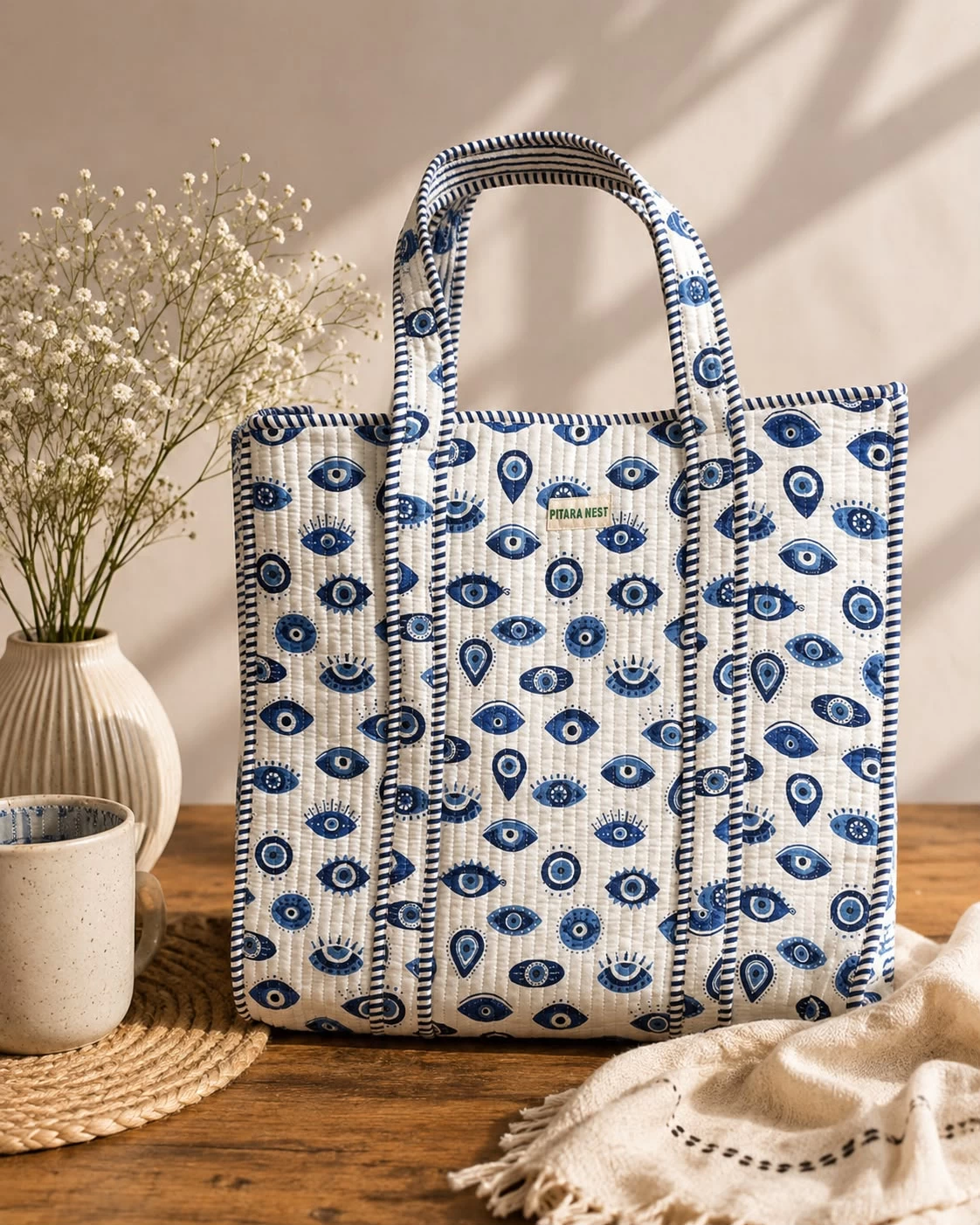 Quilted Tote Bag – Blue Evil Eye Print
