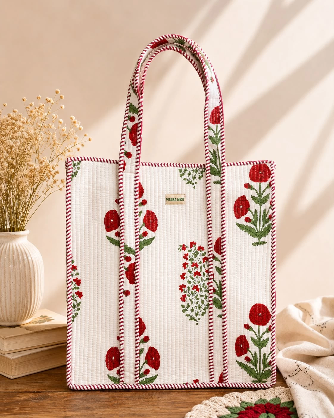 Quilted Tote Bag – White & Red Floral Print