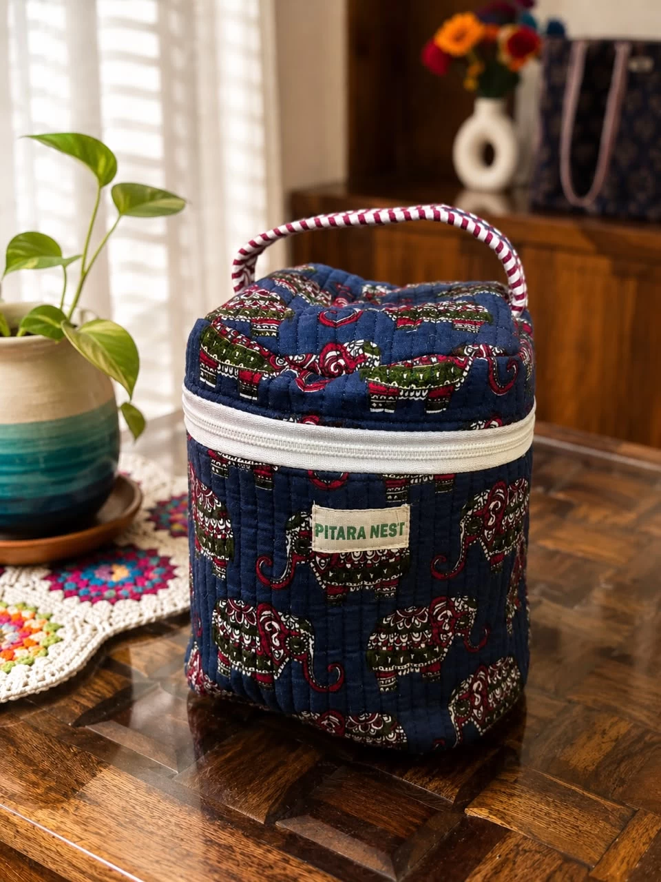 Quilted Elephant Print Utility vanity Bag
