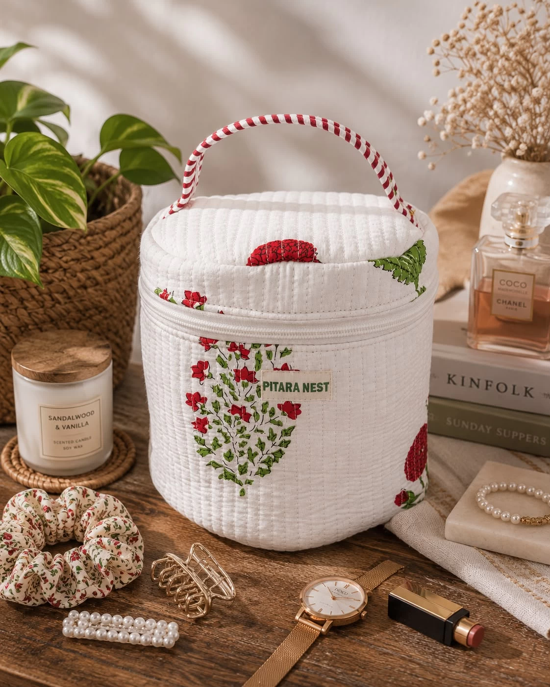 Quilted Vanity Organizer – Red Floral Edition