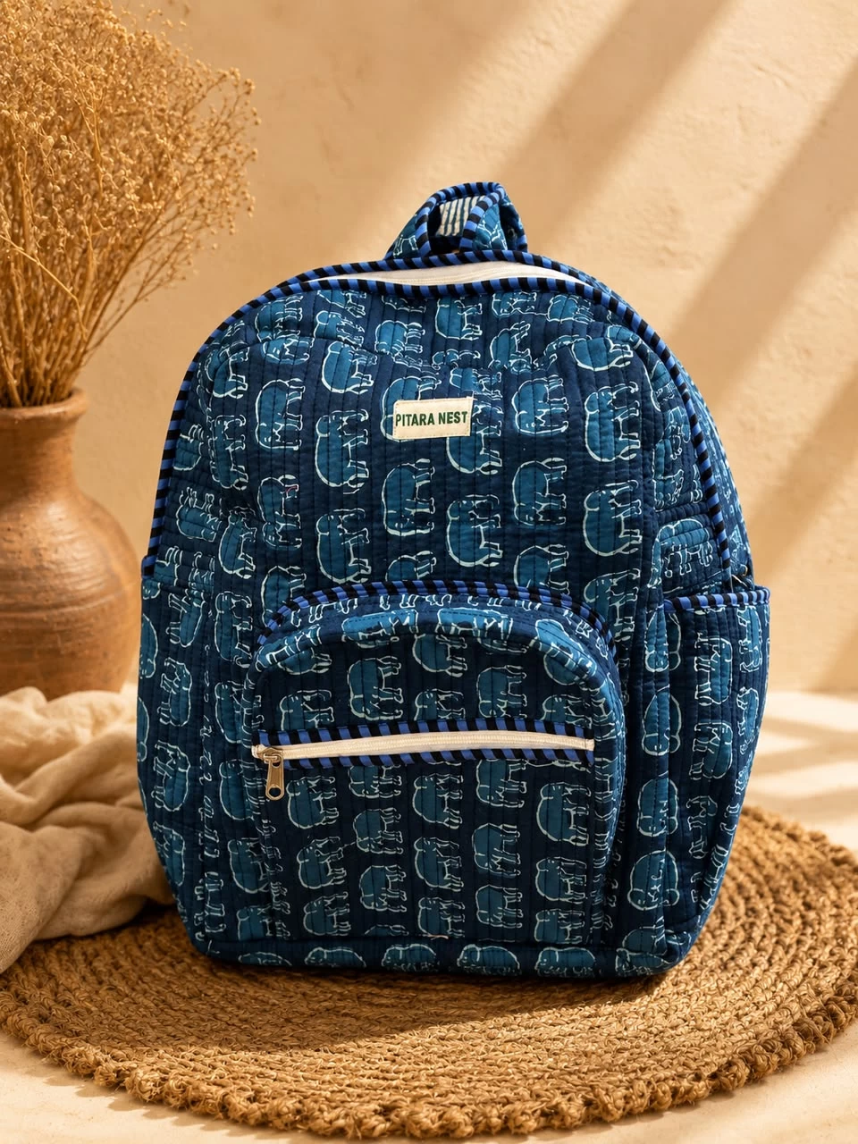 Quilted Backpack – Blue Elephant Print