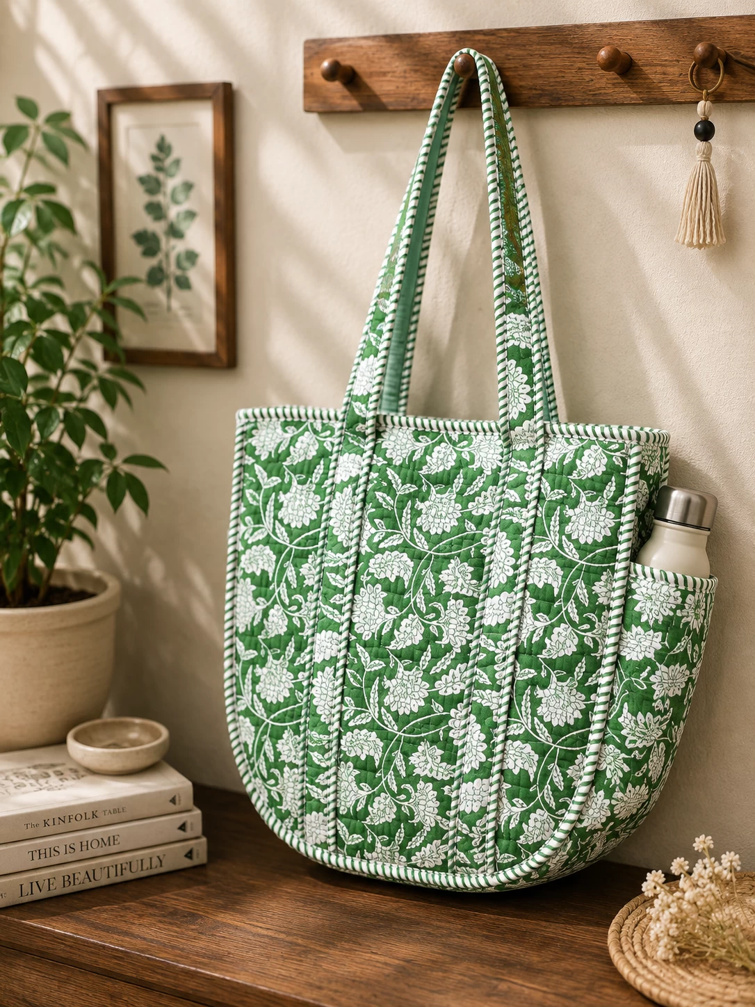 Green Floral Print Cotton Tote Bag