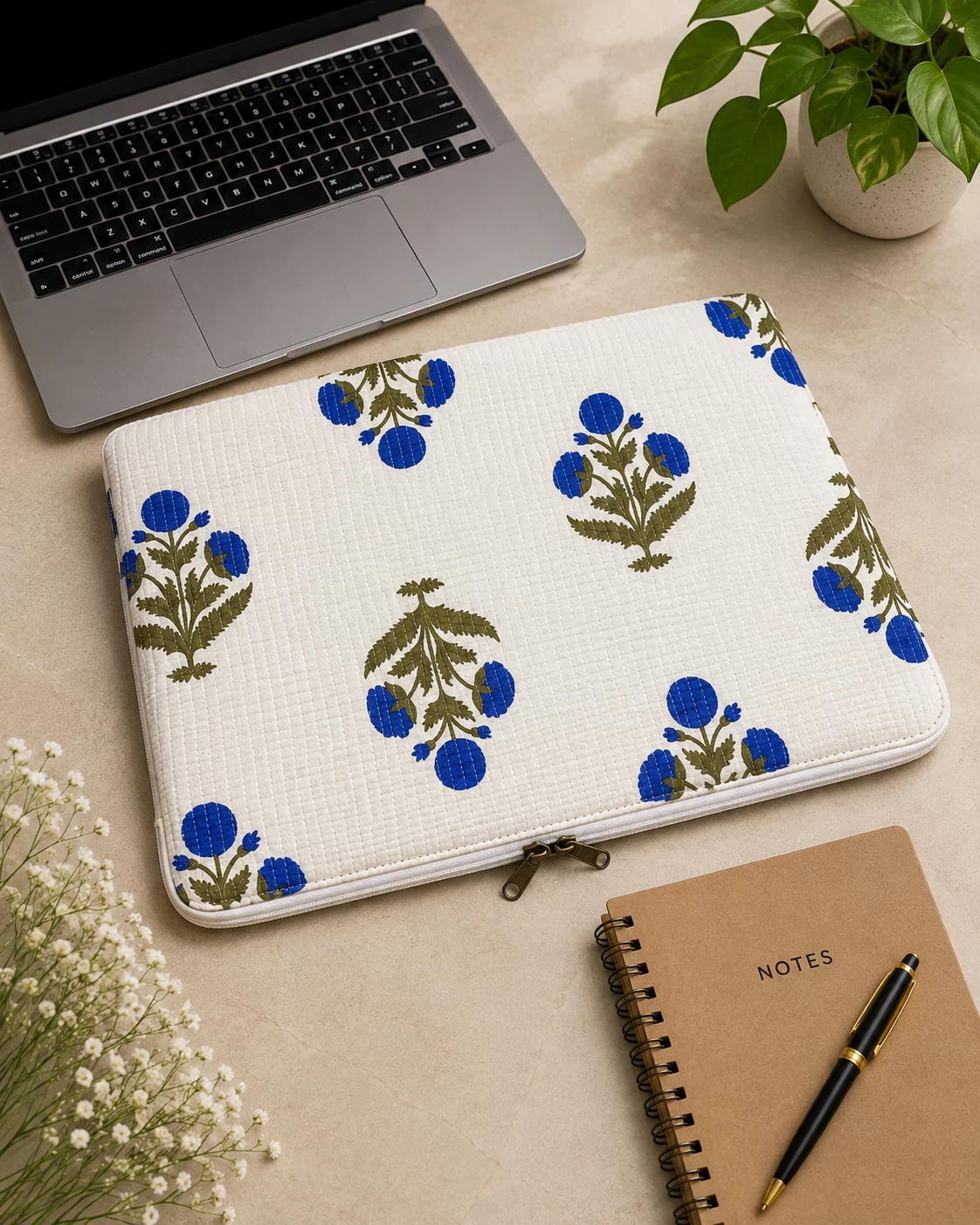 Blue Floral Quilted Laptop Sleeve